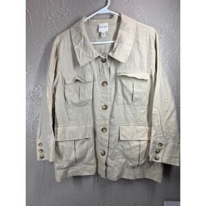 KATE HILL‎ Tan Linen Button Front Jacket Smocked Utility Safari Womens Size 16